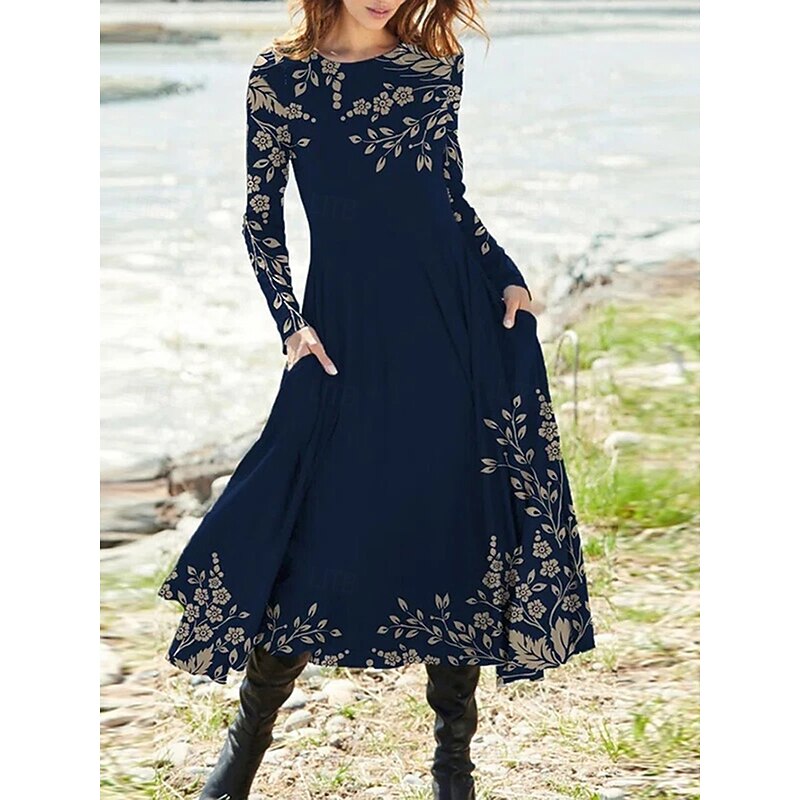 Women's Midi Dress A Line Dress Fit And Flare Dress Vacation Casual Boho Party Daily Going out Regular Fit Floral Graphic Long Sleeve Crew Neck White Red Beige Summer Spring Fall Winter3