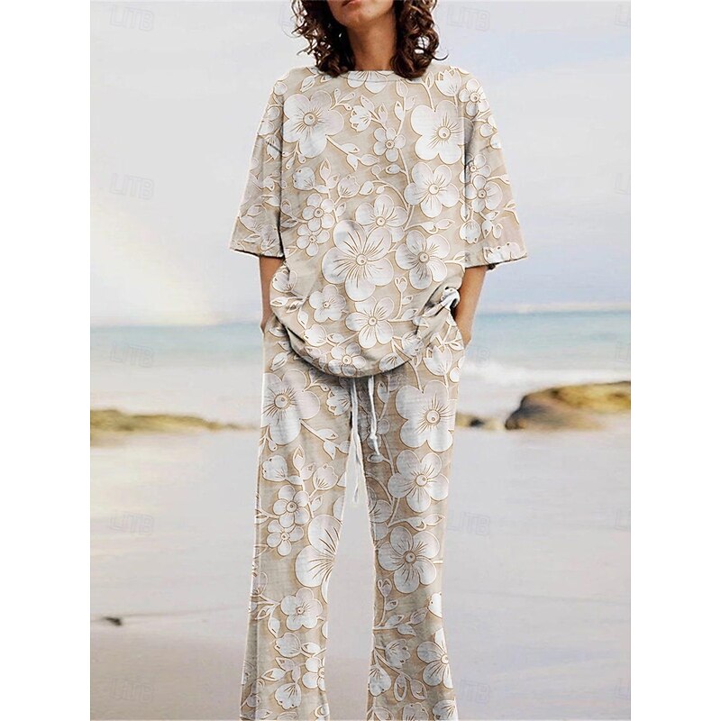 Women's Active Fashion Pants Sets 3/4 Length Sleeve Crew Neck Floral Print Vacation Daily Holiday Purple Green Khaki Summer Regular Fit - Main Image