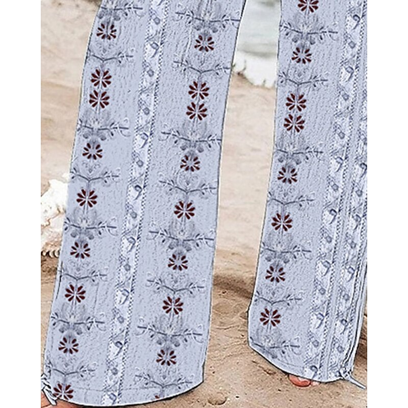 Women's Wide Leg Pants Trousers Palazzo Pants Fashion Boho Full Length High Waist Flower Drawstring Elastic Waist Print Breathability Comfortable Street Daily Wear Going out Light Blue Spring Fall3