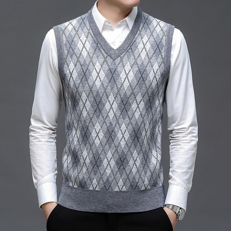 Men's Sweater Sweater Vest Pullover Sweater Jumper Ribbed Knit Regular Tops Knitted Slim Fit Geometric V Neck Knitwear Contemporary Casual Daily Wear Clothing Apparel Winter Spring &  Fall Dark Gray3