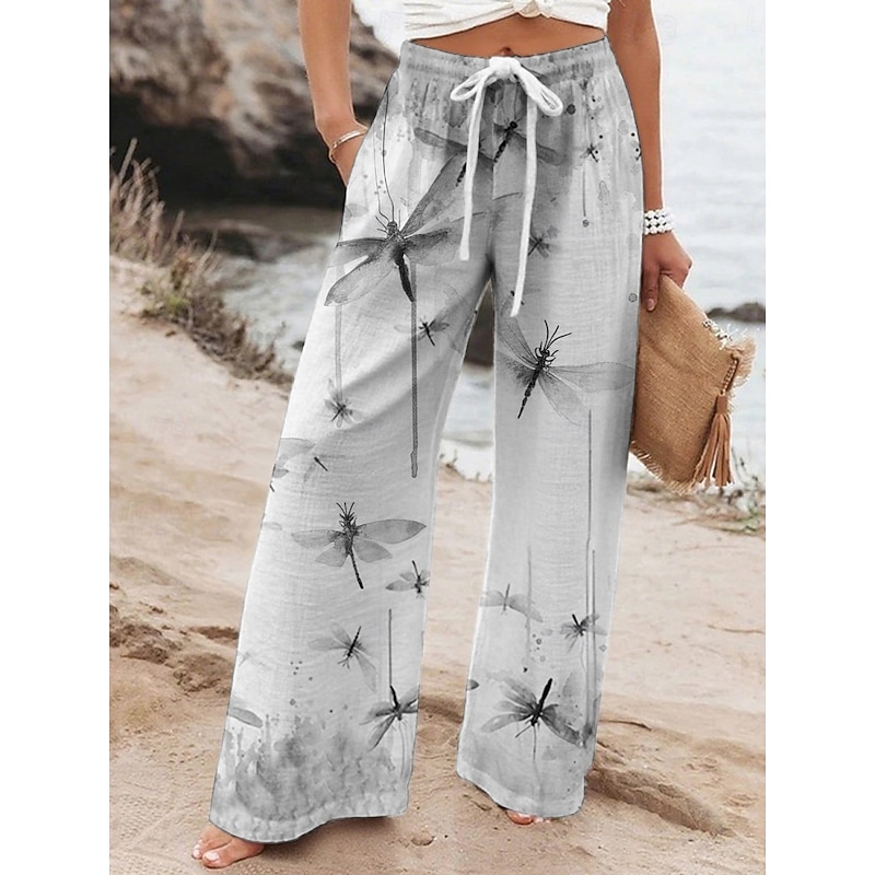 Women's Wide Leg Pants Trousers Vacation Casual Long High Waist Graphic Prints Elastic Waist Printing High Cut Breathability Soft Micro-elastic Vacation Street Daily Wear Green Gray Spring Fall