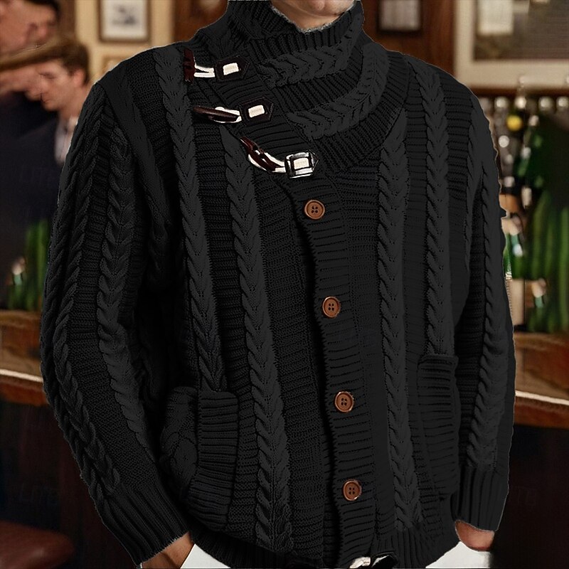 Men's Cardigan Sweater Cropped  Sweater Knit Sweater Ribbed Knit Regular Tops Pocket Buttons Plain Turtleneck Fashion Classic Vacation Daily Wear Clothing Apparel Fall Winter Black Brown M L XL3