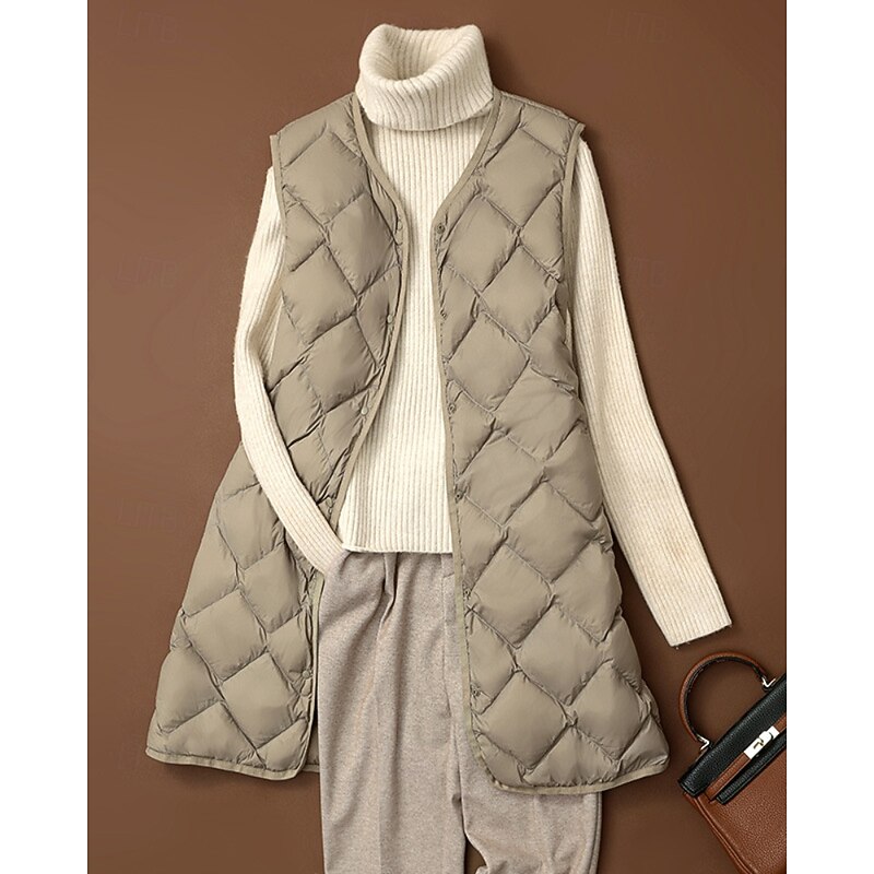 Women's Down Jacket Vest Warm Comfortable Pocket Buttons Casual Plain Outdoor Vacation Going out Casual Daily Single Breasted Long V Neck Regular Fit Sleeveless Outerwear Black Dark Green Khaki Fall2