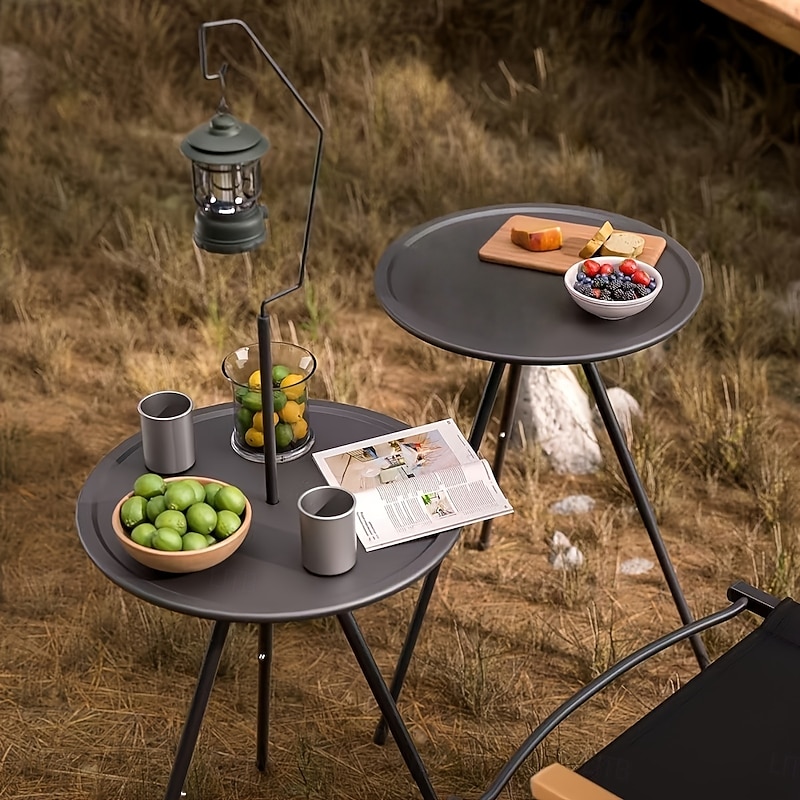 Portable Black Outdoor Table with Lamp Stand - Foldable, Iron Construction, Casual Style, Includes Storage Bag, Small Outdoor Table