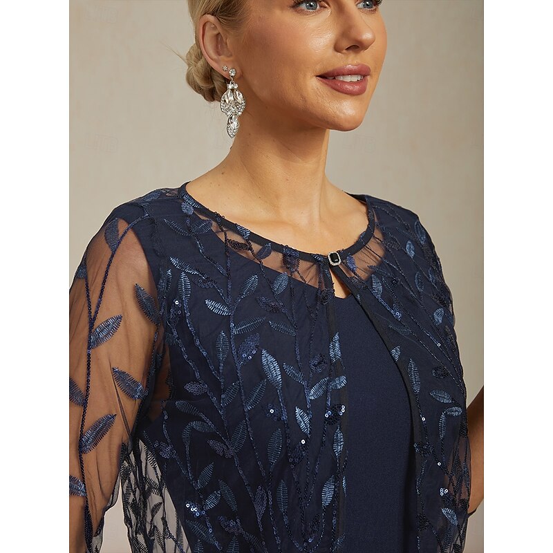 Women's Jacket Blazer Lace Embroidered Sequin Elegant Floral Formal Anniversary Party Wedding Guest Open Front Short Crewneck Regular Fit 3/4 Length Sleeve Outerwear Navy Blue Spring Fall3