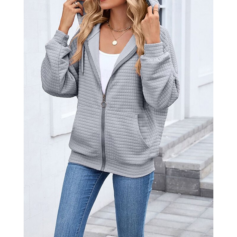 Women's Texture Sweatshirt Waffle Sweatshirt  Zip Up Hoodies Plain Casual Long Sleeve Hooded Regular Tops Street Holiday Going out Zipper Pocket Black Pink Brown Khaki Dark Gray Fall Winter2