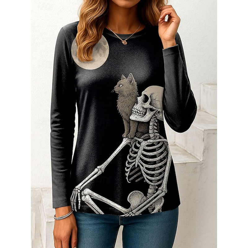 Halloween Women's T Shirt Skulls Graphic Cat Vintage Fashion Stylish Long Sleeve Crew Neck Regular Tops Daily Print Purple Orange Green Beige Fall Winter