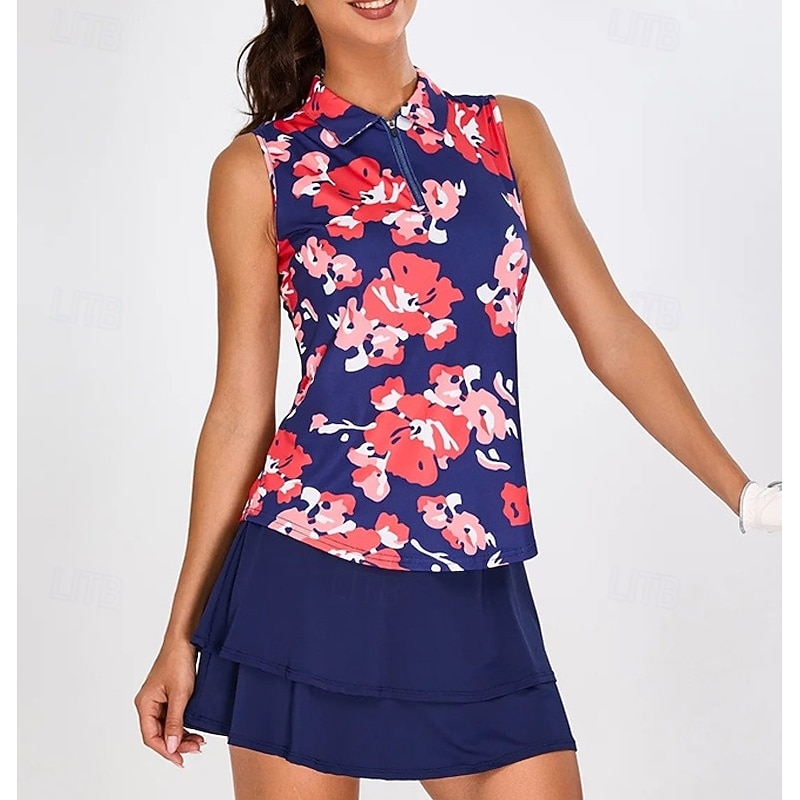 Women's Floral Tennis Shirt Sleeveless Print UPF50+ Quick Dry Tennis Golf Badminton Zip Collar Tee Tshirt Top Red Tennis Clothing