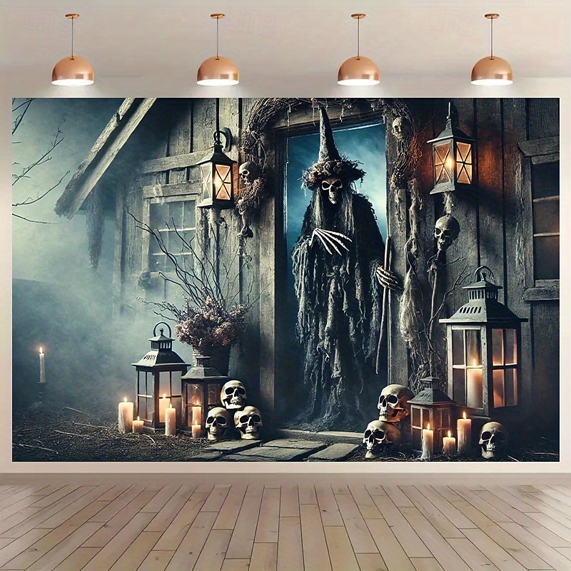 Witch at the Haunted Cabin Tapestry – Spooky Halloween Wall Hanging with Skulls, Lanterns & Gothic Doorway Scene