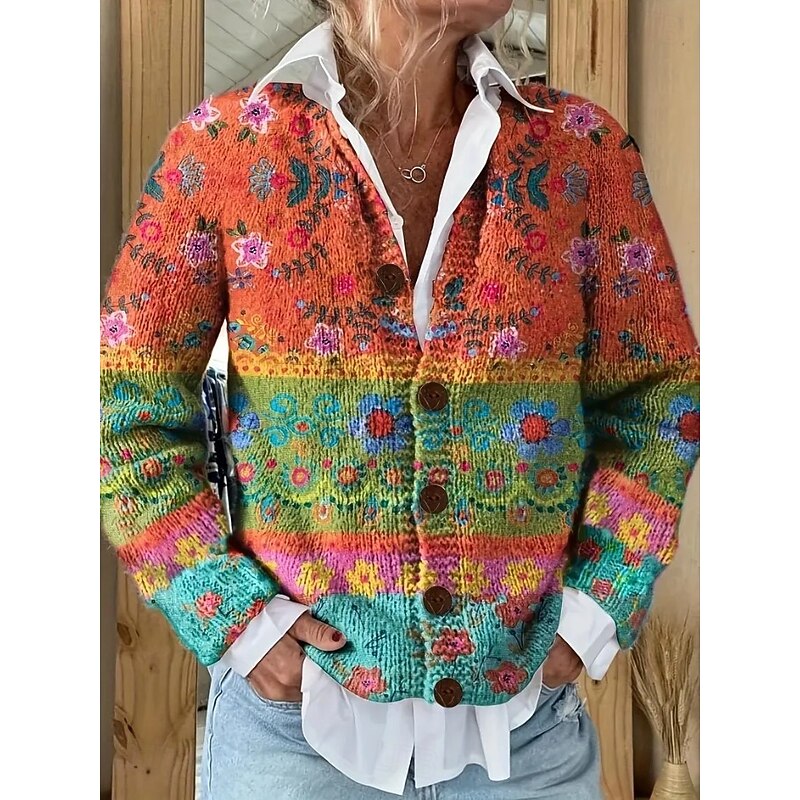 Women's Cardigan Sweater Knitted Ribbed Button Front Round Neck Long Sleeve Lightweight female Elegant Vintage Floral Graphic Striped Buttons Print Knit Outdoor Weekend Pink Purple Fall Winter