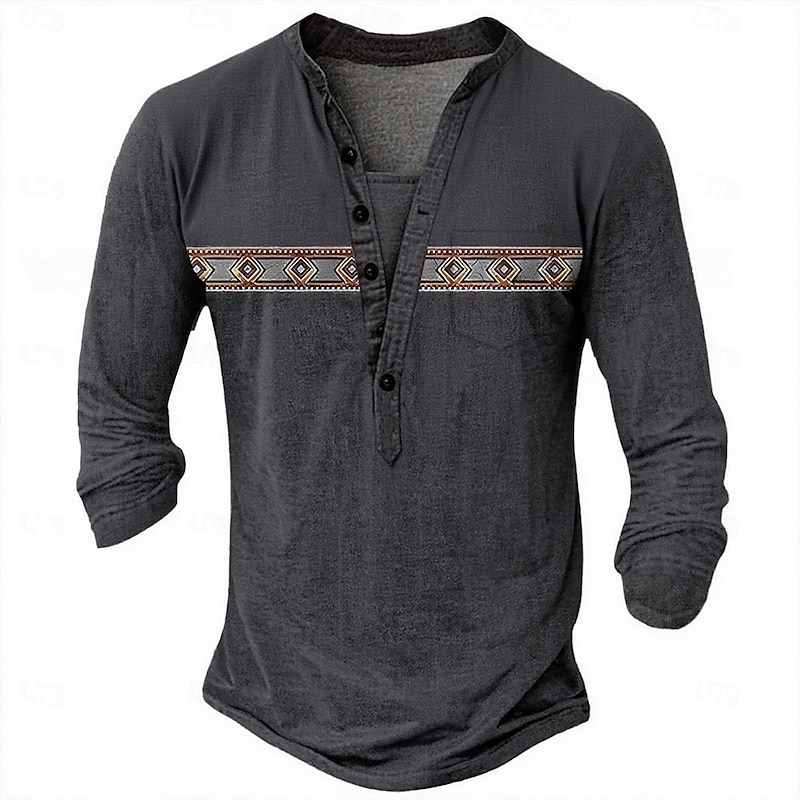 Men's Geometric Ethnic Henley Shirt Tee Long Sleeve Ethnic Casual Summer Spring Dark Grey khaki Light Grey Henley Henley T-Shirt3