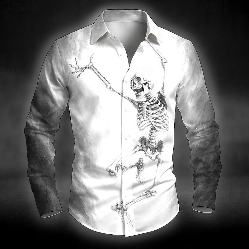 Halloween Men's Skeleton Gradient Color Halloween Costumes Shirt Button Up Shirt Long Sleeve Dark Punk Gothic Style Outdoor Holiday Summer Spring Turndown 3D Print Collared Shirts White Blue Orange3