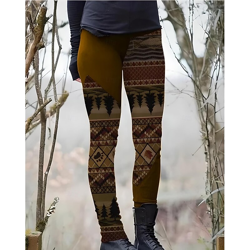 Women's Leggings Vacation Vintage Fashion Full Length High Waist Graphic Paisley Plaid Drawstring Patchwork Printing Thermal Warm Soft Breathable Stretchy Vacation Street Causal Dark Brown Dark2