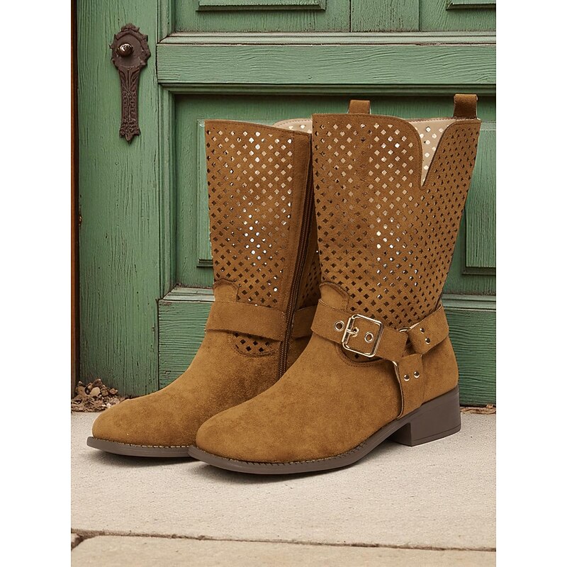Women's Brown Faux Suede Mid Calf Boots with Cutout Design and Buckle Strap – Casual Western Style Boots for Fall, Outdoor and Streetwear3