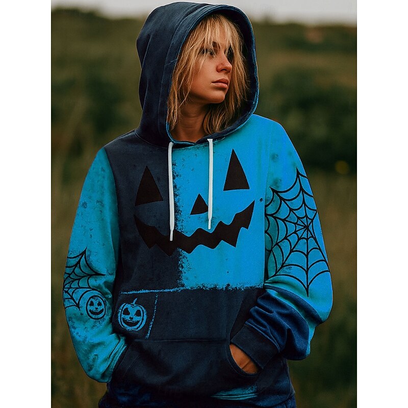Halloween Women's Pullover Hoodie Sweatshirt Spider Web Graphic Fashion Casual Long Sleeve Hooded Regular Tops Street Dailywear Casual Drawstring Pocket Print Blue Purple Orange Green Fall Winter2