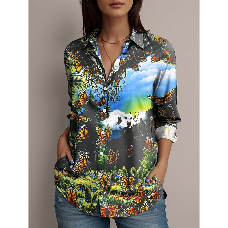 Dakota Daetwiler by Women's Shirt Blouse Floral Butterfly Striped Vintage Tropical Stylish Long Sleeve Shirt Collar Regular Tops Work Daily Holiday Buttons Print Blue Summer Spring Fall