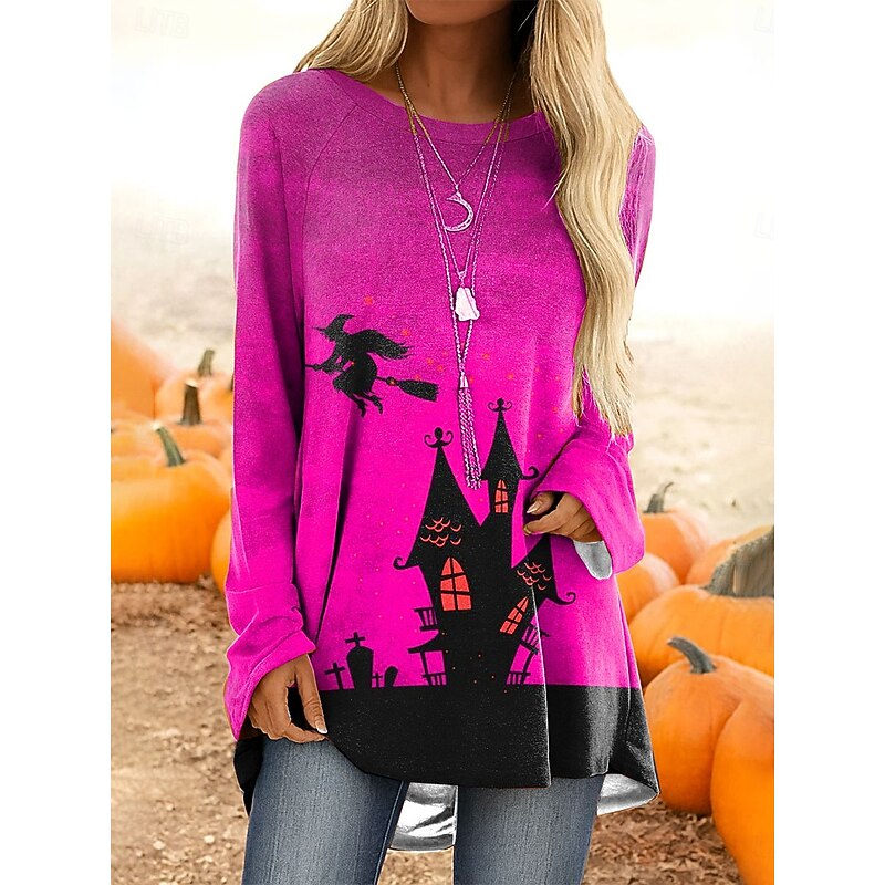 Halloween Women's T shirt Witch Graphic Vintage Stylish Classic Long Sleeve Crew Neck Long Tops Daily Print Pink Blue Orange Green Gray Spring Fall3