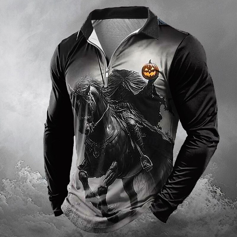 Halloween Men's Pumpkin Zip Polo Shirts Polo Shirts Lapel Casual Horror Dark Outdoor Festival Outfit 3D Print Spring Fall Winter Black Yellow Orange4