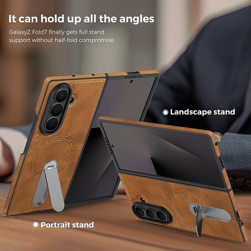 Phone Case For Samsung Galaxy Z Fold 7 Z Fold 6 Z Fold 5 Z Fold 4 Back Cover Support Wireless Charging Kickstand Shockproof Retro TPU PU Leather4
