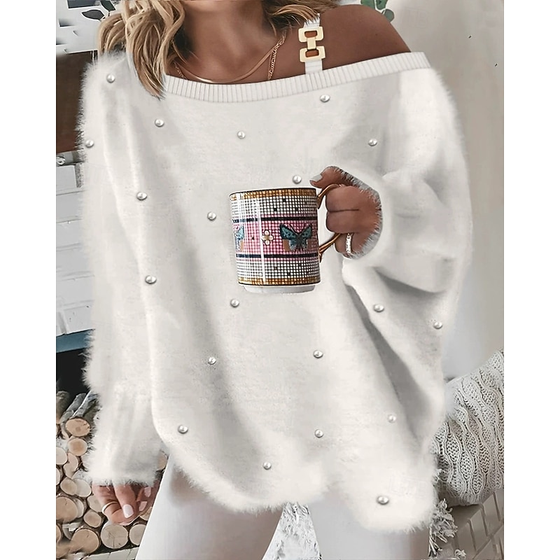Women's Sweater Pullover Sweatshirt Fuzzy Cozy T Shirt Plain Ribbed Knitted Casual Long Sleeve One Shoulder Tops Daily Going out Weekend Pink Oversized3