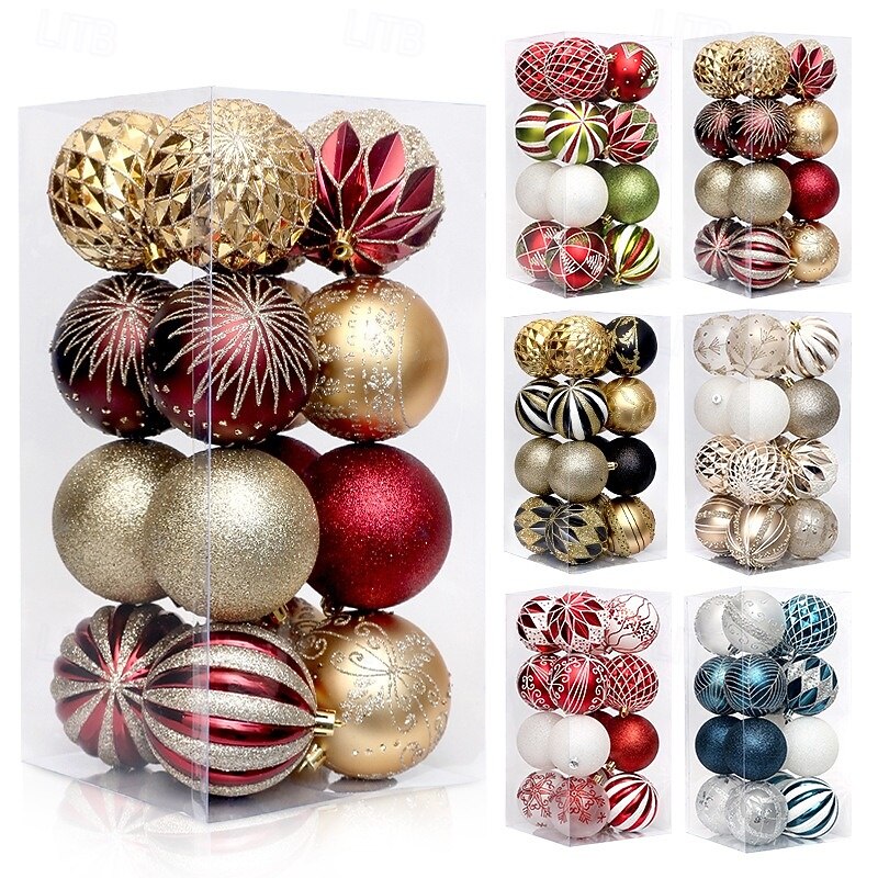 16pcs Christmas Tree Balls Baubles Ornaments, 8cm/3.15inch Xmas Decorations, Mixed Shape Painted Bauble Set for Holiday Tree Hanging