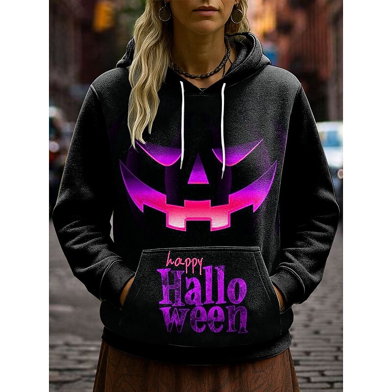 Halloween Women's Pullover Hoodie Sweatshirt Pumpkin Graphic Skull Casual Long Sleeve Hooded Regular Tops Party Evening Wear Street Dailywear Blue Purple Orange Green Gray Spring Fall Winter4