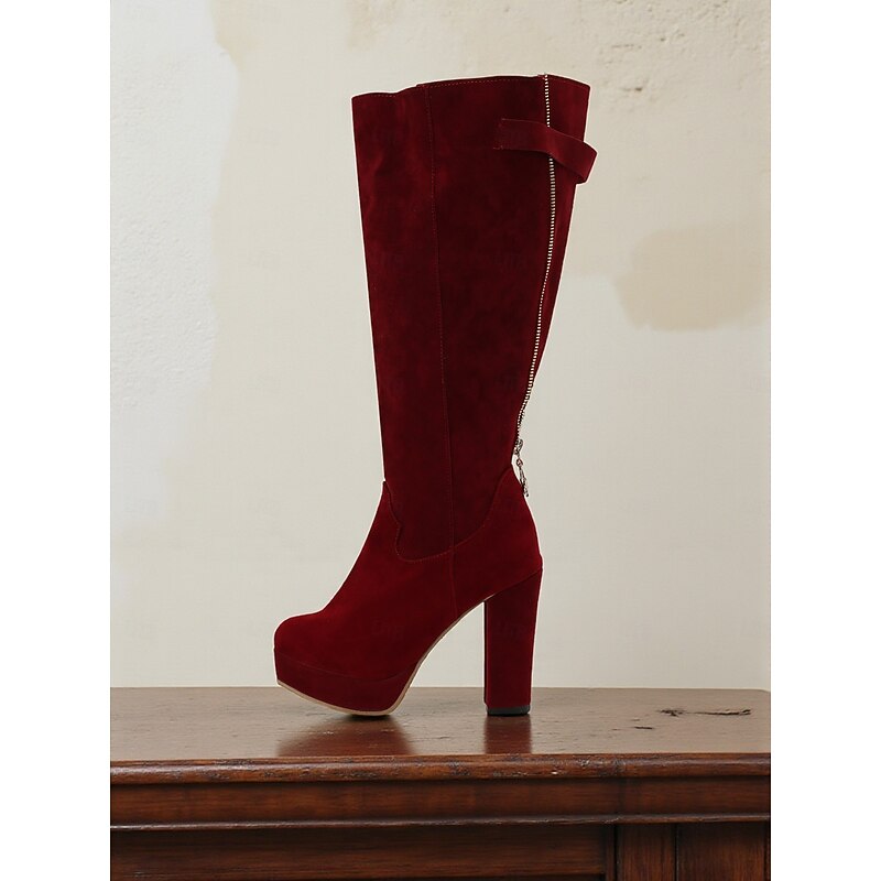 Women's Suede Knee High Platform Boots with Adjustable Wide Zipper Calf, Block Heel Fashion Boots for Urban Streetwear3