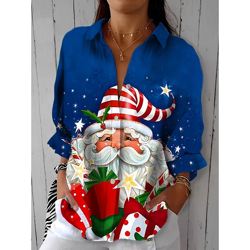 Christmas Women's Shirt Graphic Santa Claus Vintage Tropical Daily Long Sleeve Shirt Collar Regular Tops Daily Holiday Buttons Print Black Yellow Red Blue Purple Summer Spring Fall Winter2