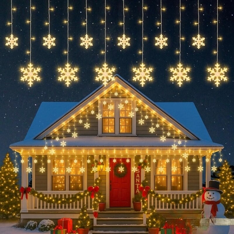 12ft/3.5M Snowflake Curtain Night Light USB Powered 8 Modes Icicle Fairy String Light for Christmas Wedding Holiday Garden Indoor Outdoor Party Decoration