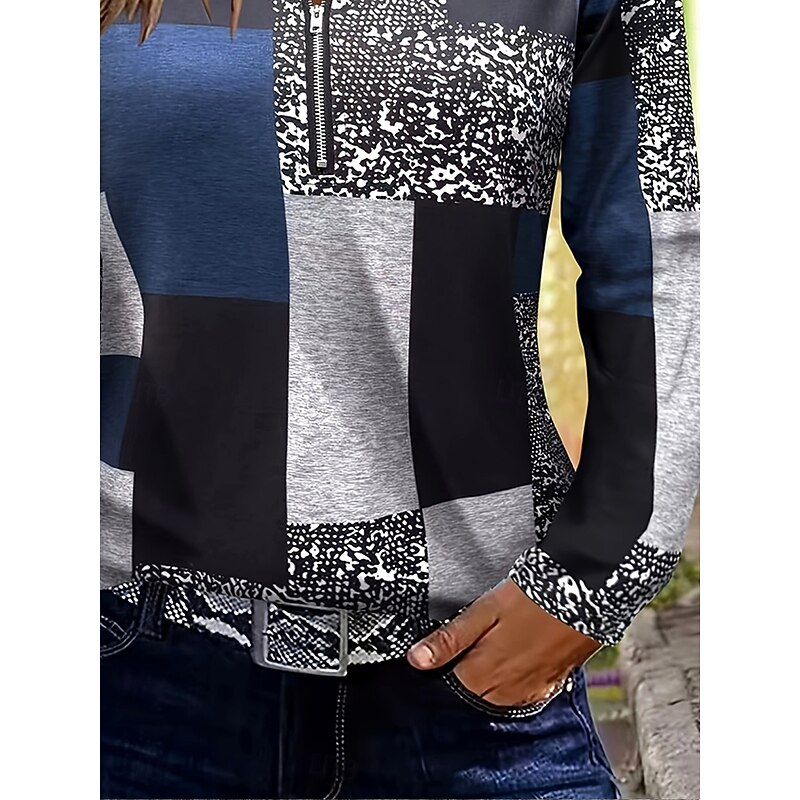 Women's T Shirt Graphic Geometric Color Block Vintage Stylish Classic Long Sleeve Crew Neck Round Neck Regular Tops Daily Print Navy Blue Spring Fall Winter2