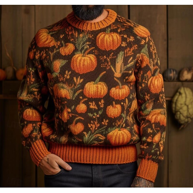 Men's Pumpkin Ghost Pullover Sweater Jumper Halloween Cardigan Knitwear Crew Neck Fashion Streetwear Designer Vacation Halloween Daily Wear Knitted Long Sleeve Fall & Winter Brown Gray2