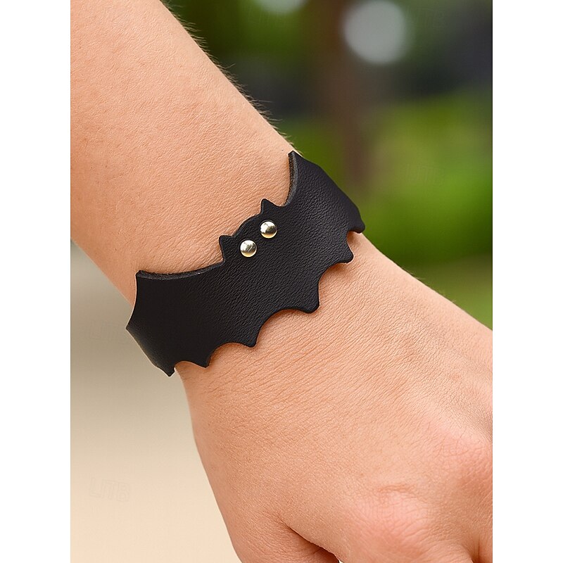 Women's Halloween Bat Bracelet – Gothic Faux Leather Wristband Cuff with Adjustable Snap Closure, Punk Style Jewelry for Costume Party and Cosplay2