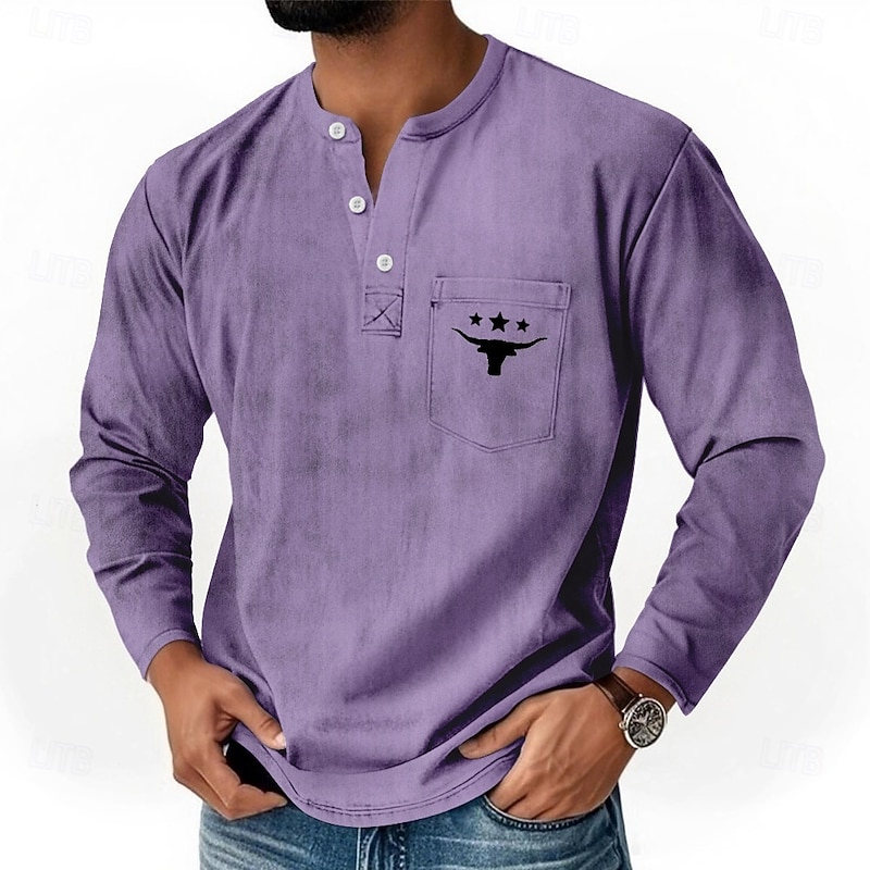 Men's Graphic Vintage Henley Shirt T shirt Tee Long Sleeve Retro Vintage Casual Casual Spring Fall All Seasons Blue Green Purple Khaki Henley Henley T-Shirt3