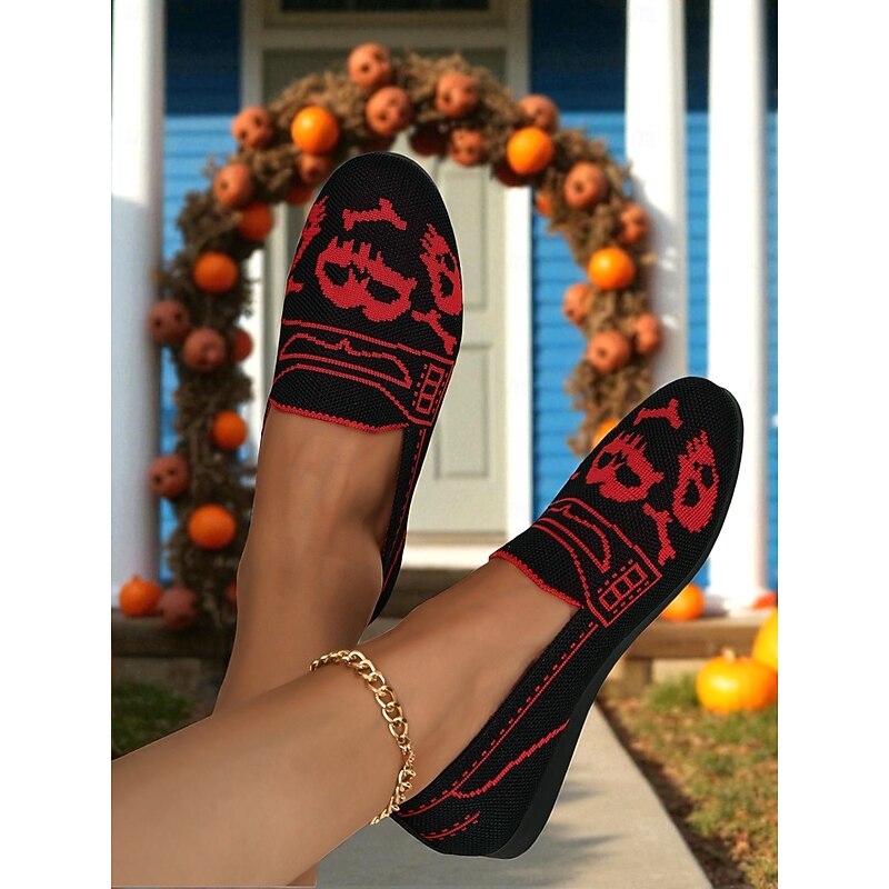 Women's Black and Red Round Toe Knit Skull Flats - Halloween Gothic Slip-On Shoes for Fall Parties and Casual Wear4