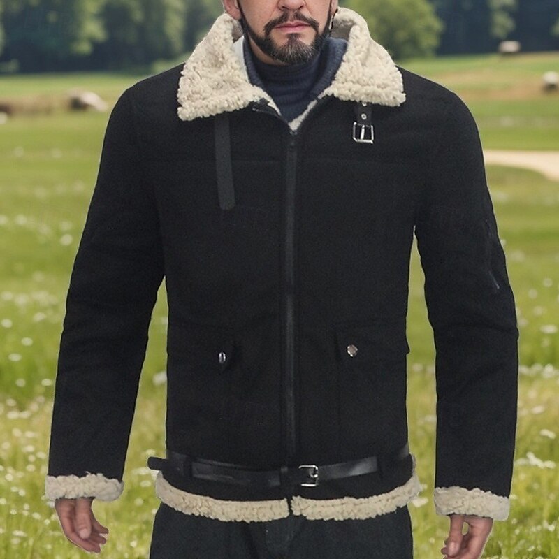 Men's Winter Jacket Sherpa Jacket Vacation Daily Thermal Warm Pocket Fleece Fall Winter Plain Fashion Streetwear Lapel Regular Black Wine Blue Khaki Jacket4