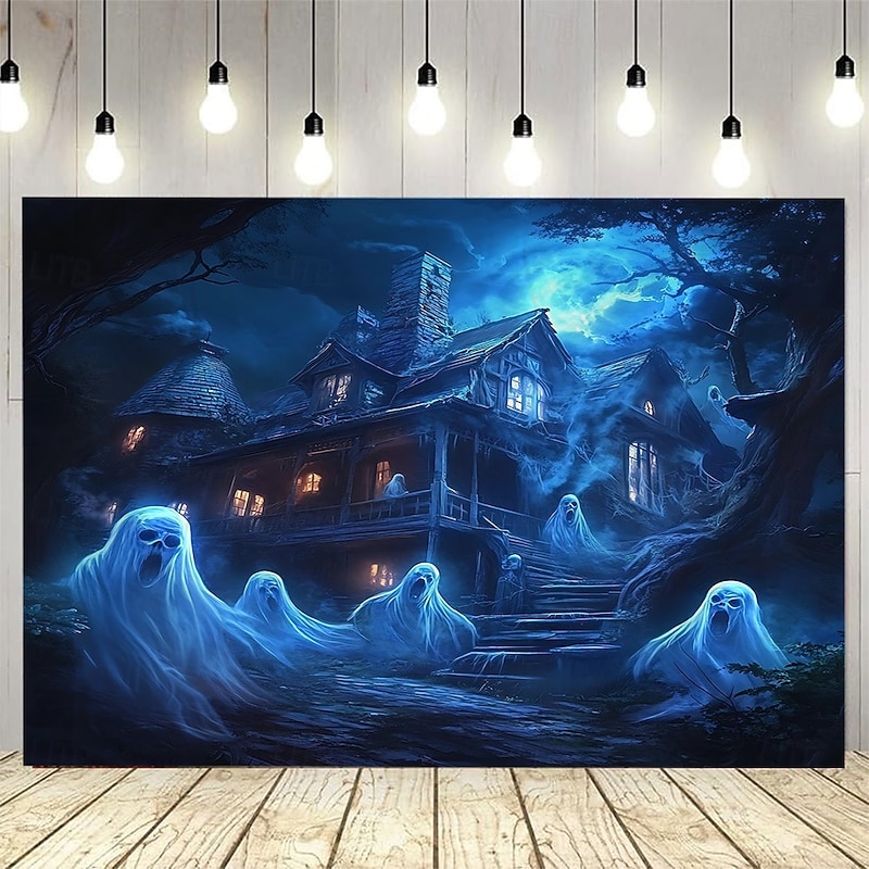 Halloween Backdrop Tapestry with Haunted House and Ghosts – Spooky Wall Hanging Decoration for Parties, Living Room, Bedroom, Office, 2025 Halloween 100% Polyester Wall Art