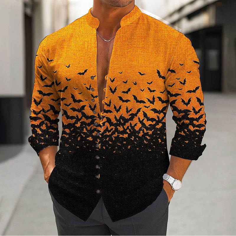 Halloween Men's Bat Halloween Costumes Shirt Stand Collar Shirt Long Sleeve Dark Gothic Style Outdoor Holiday Spring Fall Mandarin Collar Band Collar Button-Down Linen Like Shirt White Purple Orange