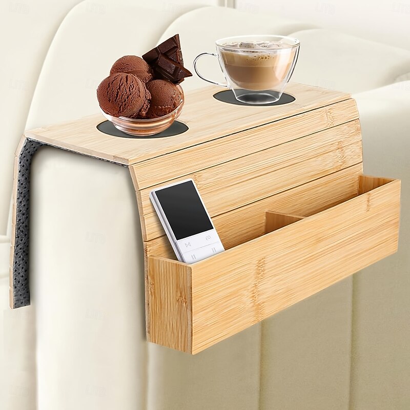 Foldable Vintage Bamboo Sofa Armrest Table with Cup Holder - No Assembly Required, Hand Wash Only, Natural Wood & Black Finish, Hardwood & Bamboo Construction for Living Room, Dining, Relaxation