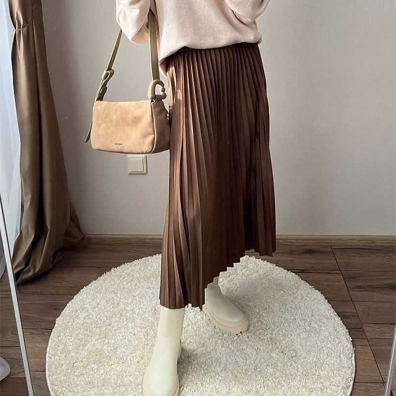 Women's Skirt Swing Fashion Casual Maxi Mid Rise Skirts Plain Pleated Micro-elastic Vacation Street Black Ivory Light Green Pink Spring Polyester3