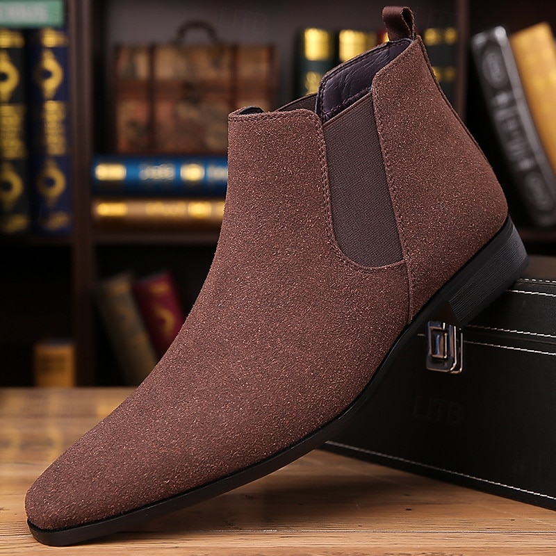 Men's Beige Faux Suede Chelsea Boots -Classic Business Casual Ankle Dress Shoes for Office, Work, and Daily Wear2
