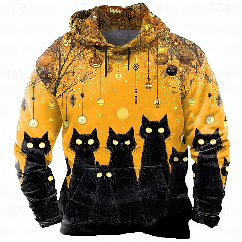 Halloween Men's Cat Pumpkin Hoodie Sweatshirt Punk Exaggerated Crew Neck Club Streetwear Yellow Orange Drawstring Fall Winter Designer2