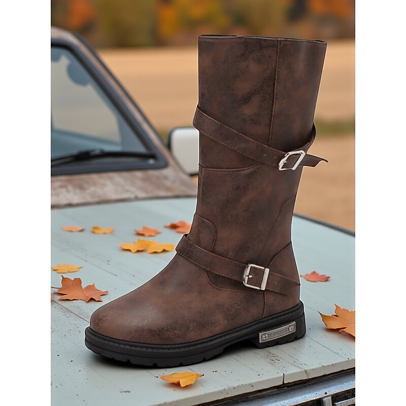 Women's Brown Mid-Calf Boots – Distressed Faux Leather, Dual Buckle Straps, Rugged Casual Outdoor Footwear