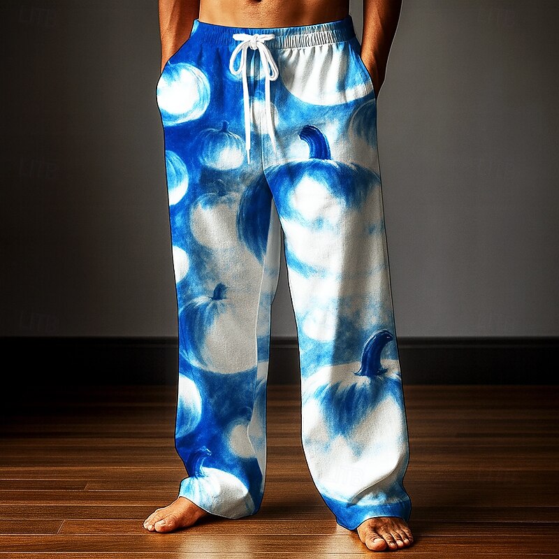 Halloween Men's Pumpkin Halloween Costumes Trousers Baggy Pants Casual Pants Mid Waist Dark Gothic Style Holiday Elastic Drawstring Waist Linen-Like Pants with Pockets Spring Fall 3D Print Blue Orange3