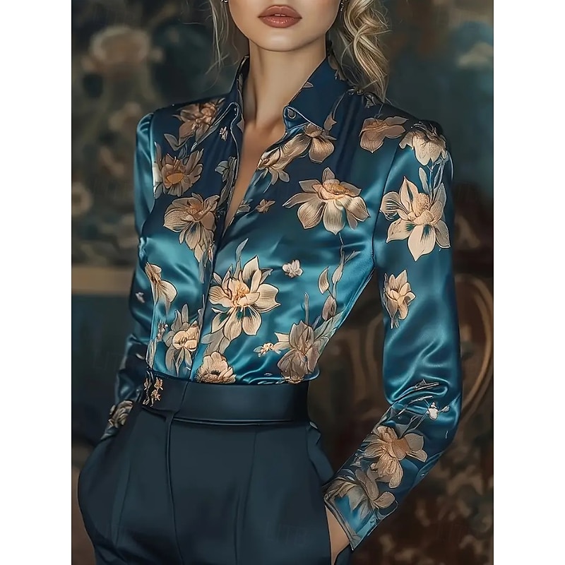 Women's Work Shirt Floral Graphic Elegant Stylish Casual Long Sleeve Shirt Collar Regular Tops Work Party Evening Wear Daily Wine Blue Purple Fuchsia Spring, Fall, Winter, Summer