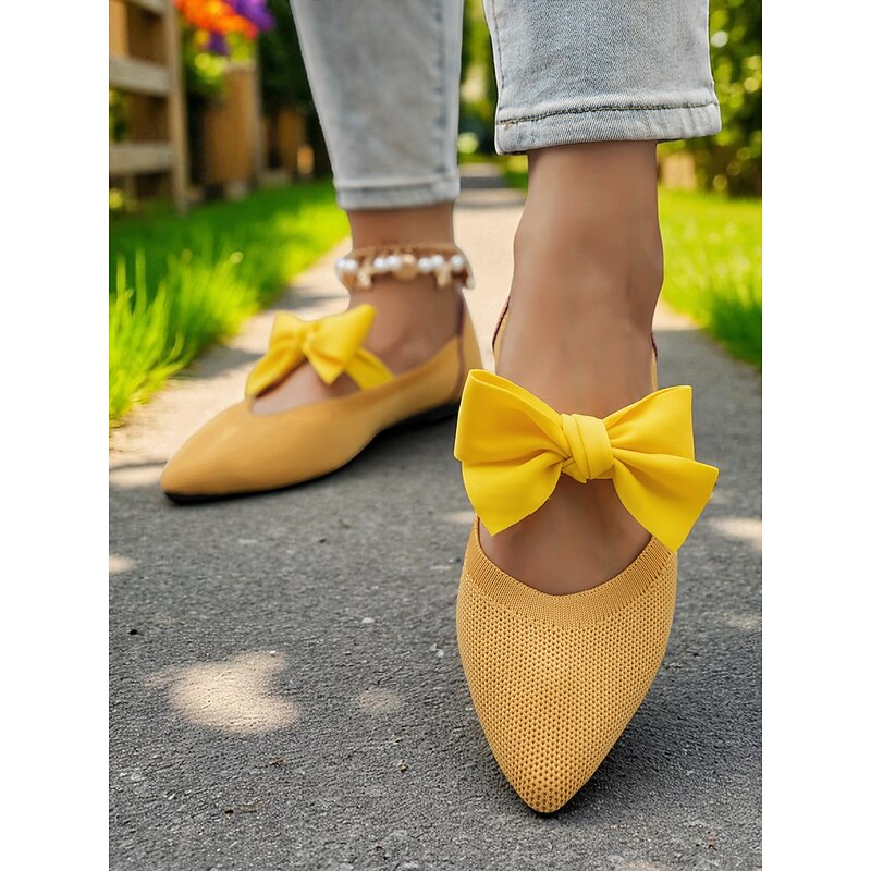 Women's Yellow Flyknit Flats with Bow – Breathable Lightweight Pointed Toe Shoes for Daily Wear and Picnics3