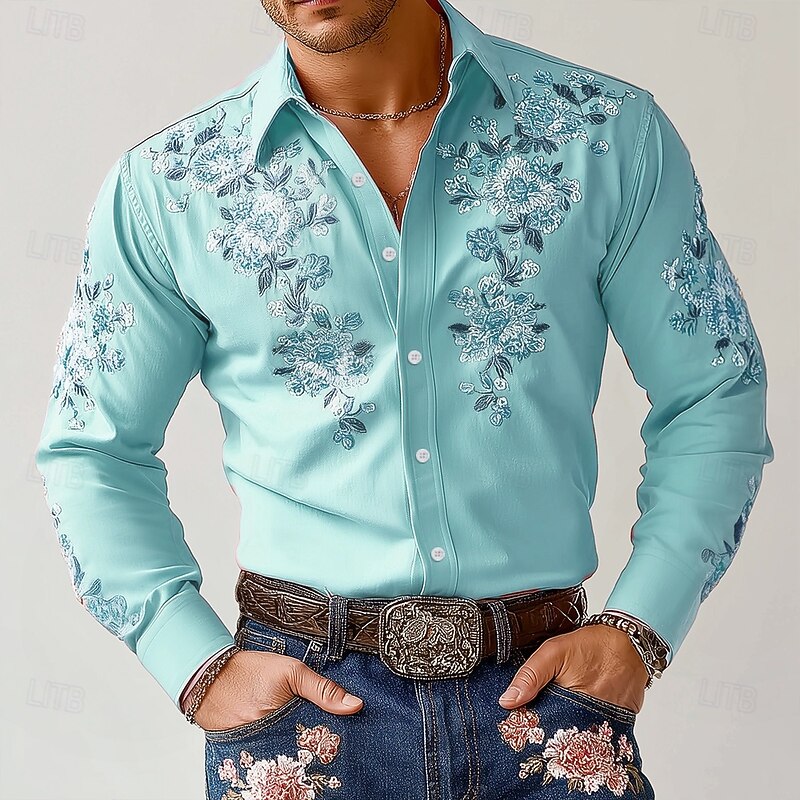 Men's Floral Print Flowers Shirt Western Shirt Cowboy Shirt Long Sleeve Vintage Retro Outdoor Vacation Spring Fall Turndown 3D Print Linen Like Shirt Pink Blue Purple Green Khaki4