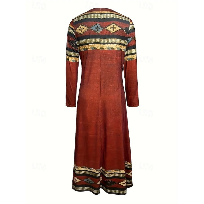 Women's Maxi Dress Shift Dress A Line Dress Party Casual Boho Daily Date Going out Regular Fit Tie Dye Tribal Long Sleeve Crew Neck Red Blue Purple Green Spring Fall Winter Autumn3
