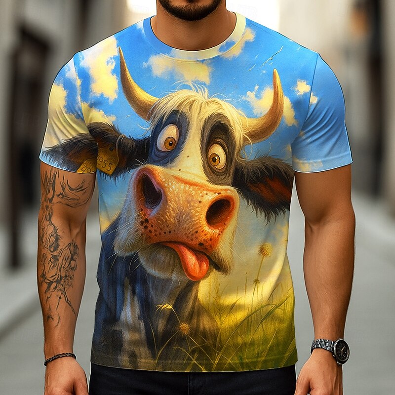 Men's Animal Cow 3D T Shirt Short Sleeve T shirt 3D Print Crew Neck Shirt Exaggerated Designer Party Holiday Blue Summer Spring Clothing Apparel S M L XL XXL XXXL