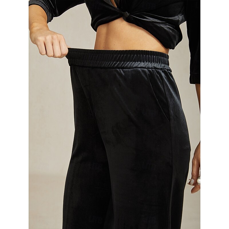 Women's Wide Leg Chinos Elegant Vintage Classic Style Ankle-Length High Waist Solid Color Elastic Waist Vintage Style Wide Leg Thermal Warm Comfy Stretchy Formal Wedding Party Black Spring Fall Winter3