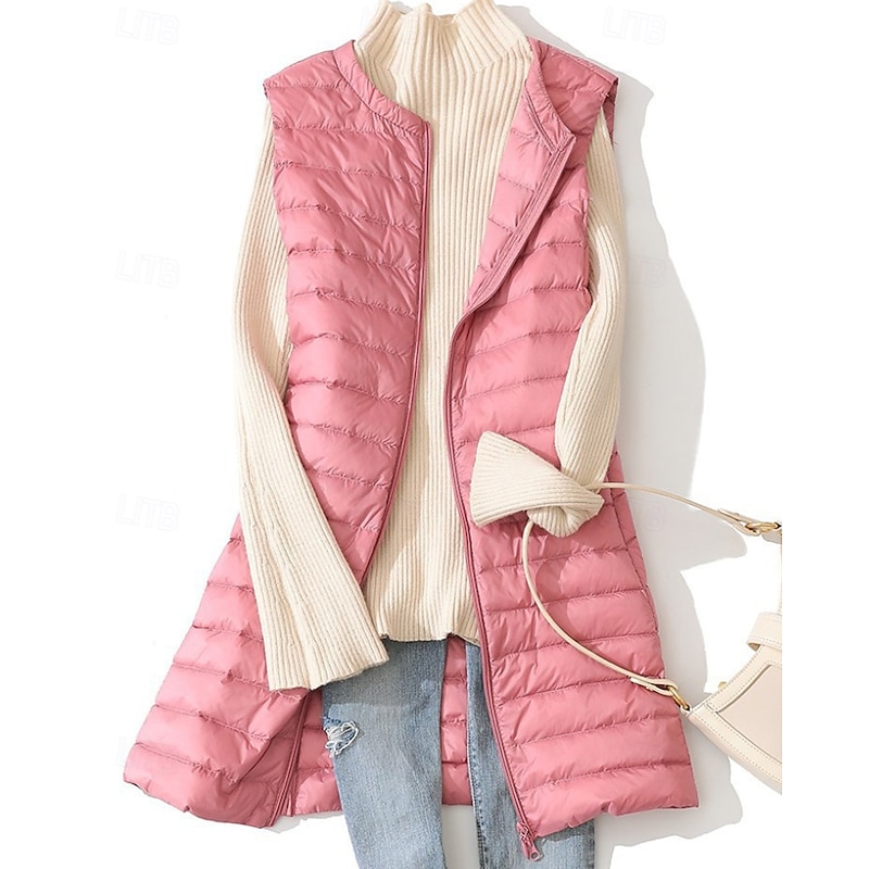 Women's Down Jacket Coat Warm Comfortable Zipper Pocket Fashion Plain Going out Casual Daily Weekend Zipper Long Crewneck Regular Fit Sleeveless Outerwear Black Pink Khaki Fall Winter4